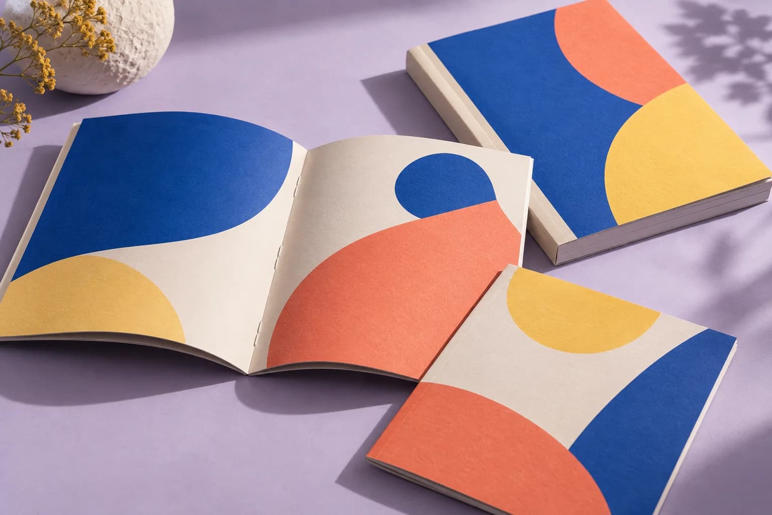 Illustrative blue, coral and yellow booklets and a softcover book on a lavender surface