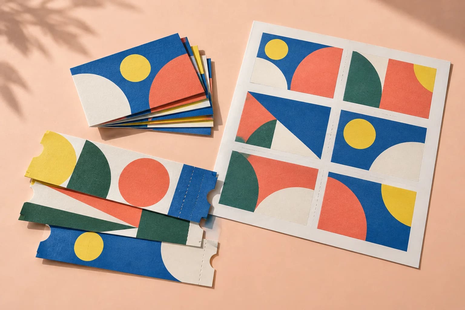 Illustrative colorful business cards, event tickets and an uncut six-card print sheet