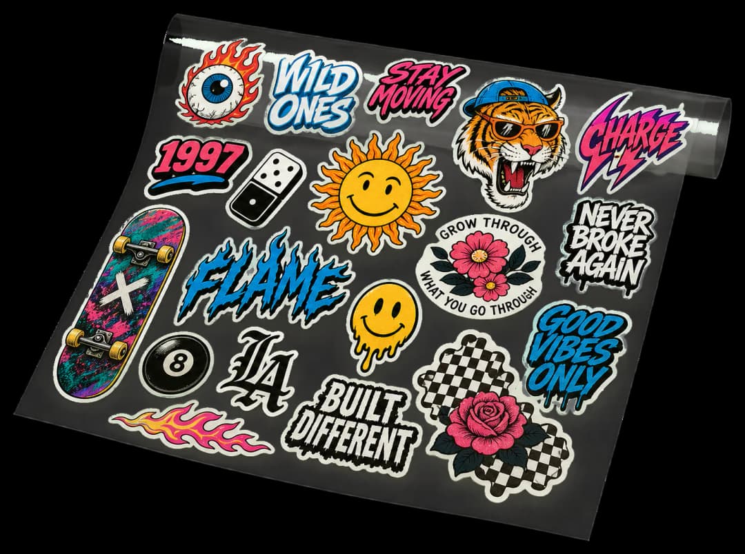 DTF Gang Sheet print production example: Auto-nests many transfer designs onto a DTF film roll to minimize film and cost.