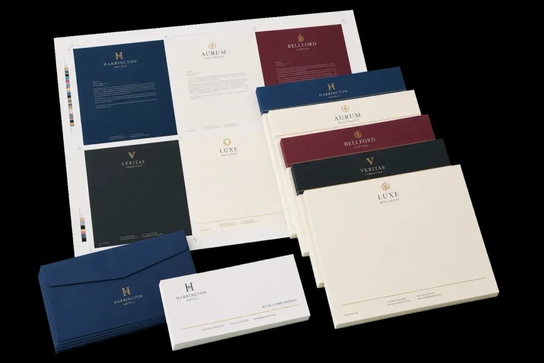 Letterhead Gang Run — Gang multiple client letterheads on one tabloid press sheet with color bar and individual cut marks.