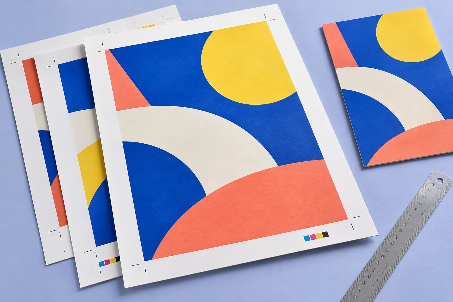 Illustrative vibrant print proofs with crop marks beside a trimmed sample and a ruler