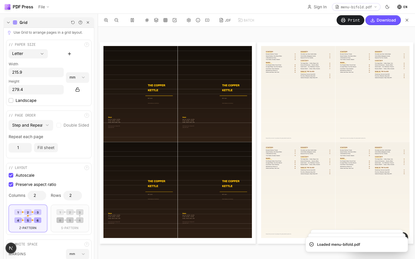 Grid selected in PDF Press