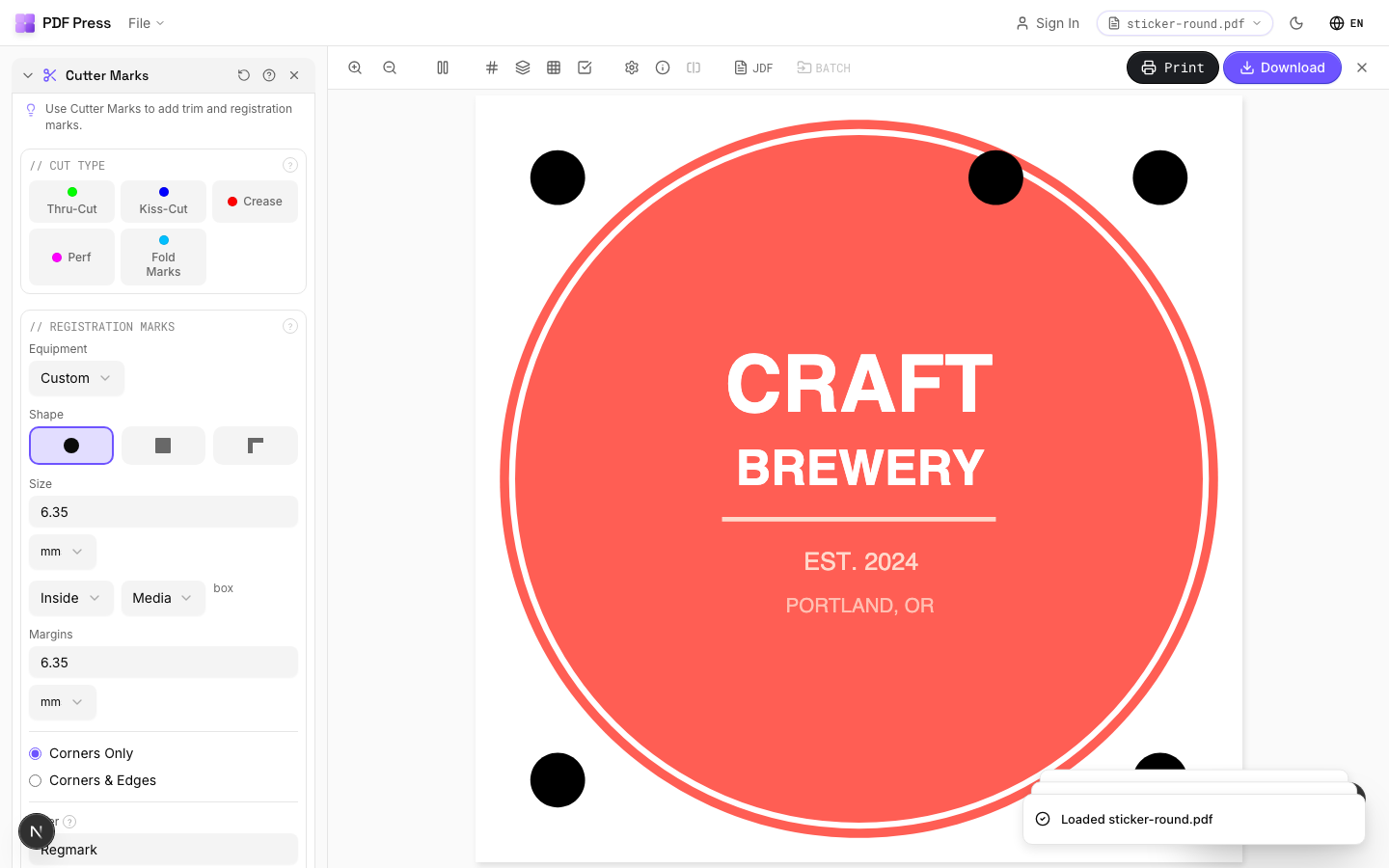 PDF Press preview for Cutter Marks