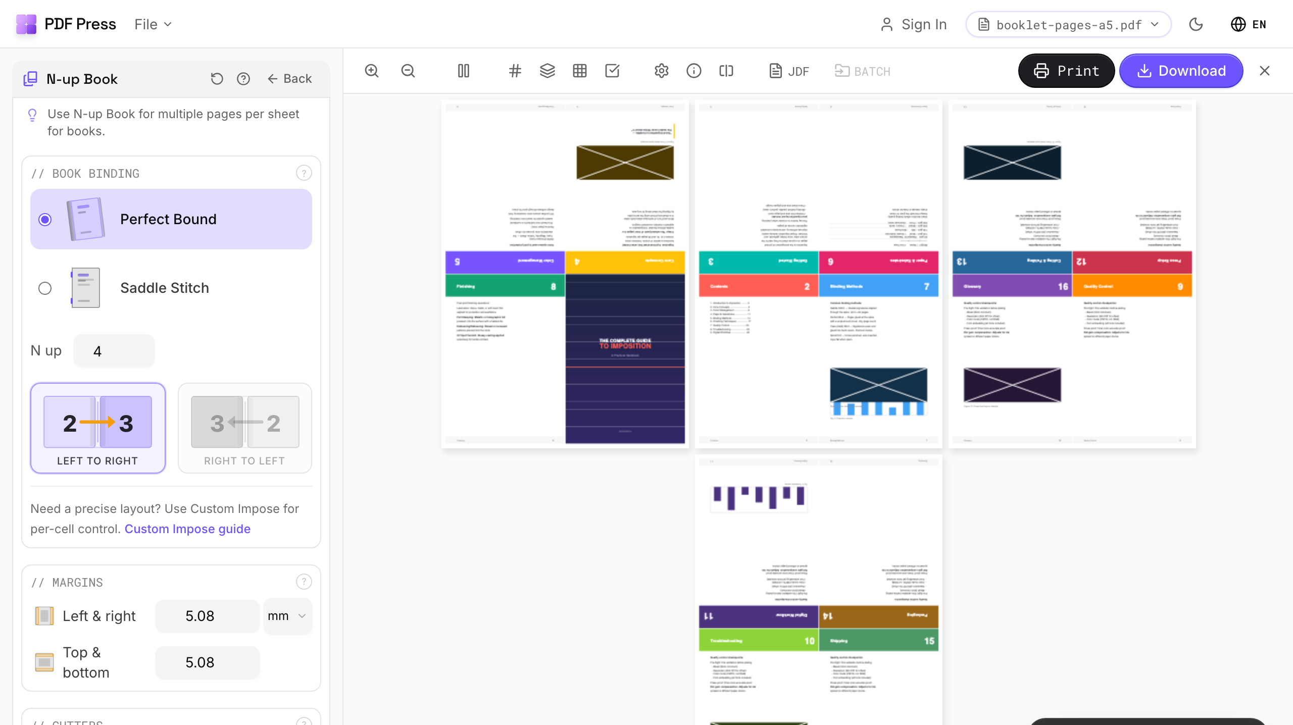 Set signature size and binding — signatures-in-printing in PDF Press