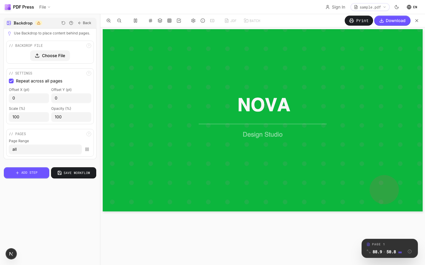 pdfpress.app Backdrop tool interface showing a background image placed behind PDF content