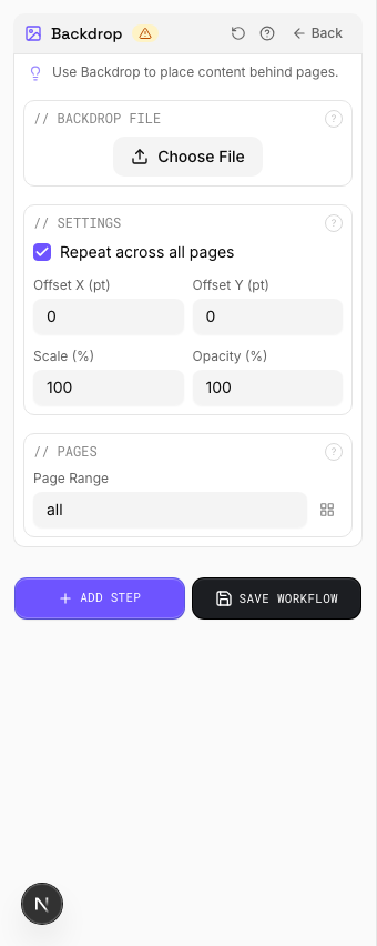 Backdrop tool options panel showing alignment and scaling settings