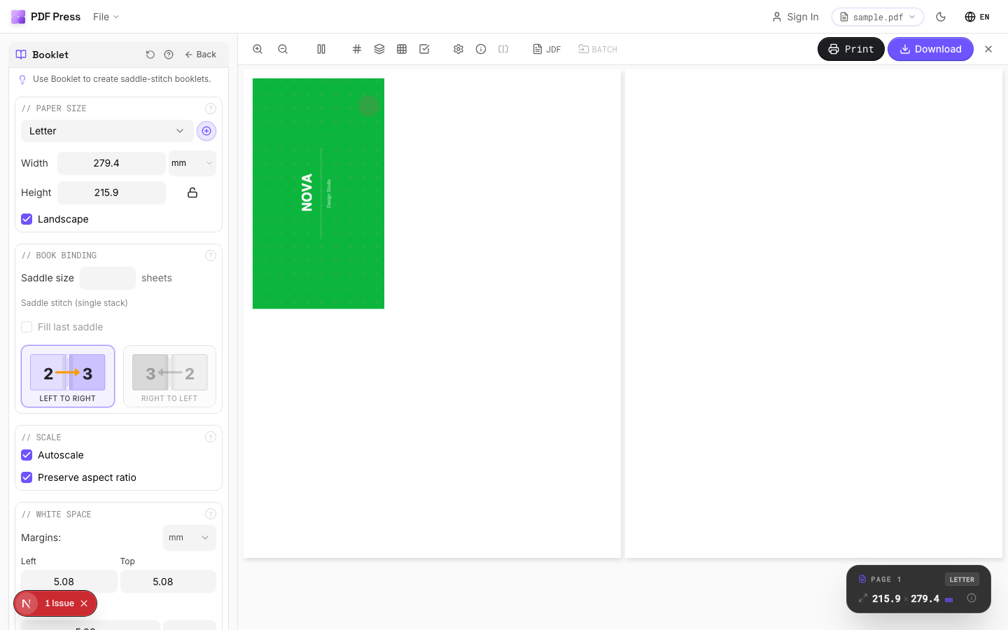 PDF Press Booklet maker auto-padding the page count in a live preview