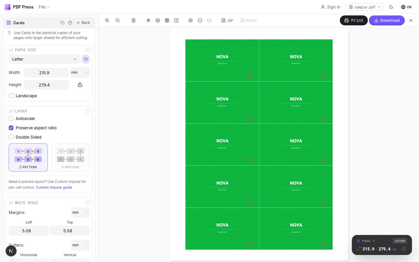 PDF Press imposing merged VDP output n-up with cut-and-stack ordering in a live preview