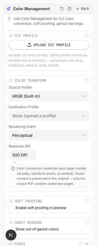ICC profile selection panel in pdfpress.app showing available color profiles and rendering intents