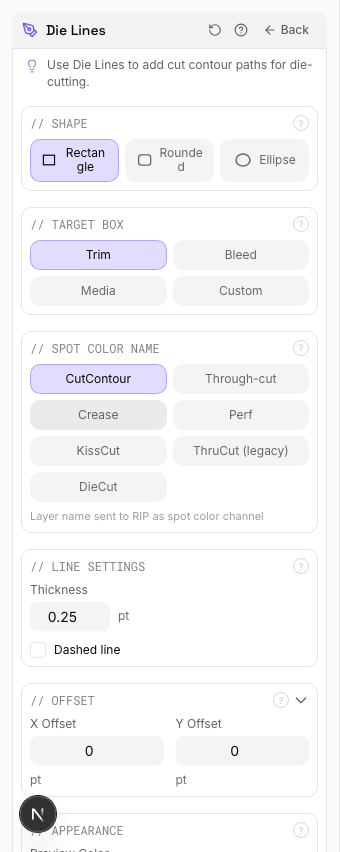 Die Lines tool options panel showing shape, offset, and spot color settings