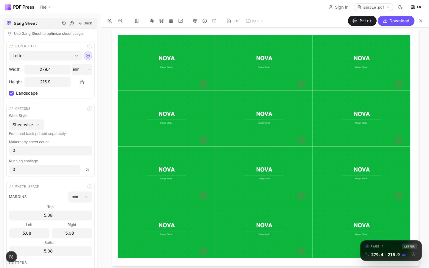 pdfpress.app Gang Sheet tool showing multiple designs auto-nested on a sheet