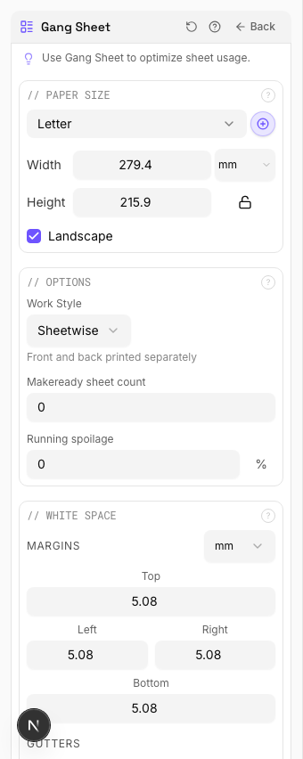 Gang Sheet tool options panel showing per-item quantity controls, margins, and nesting settings