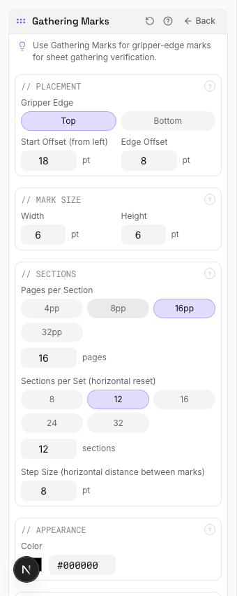 pdfpress.app gathering marks configuration showing pages per section, mark dimensions, and offset settings