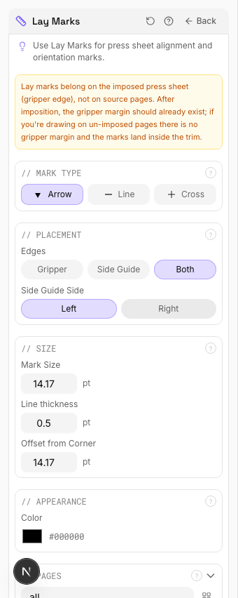 pdfpress.app lay marks configuration panel showing arrow, cross, and line mark type selection with edge placement options