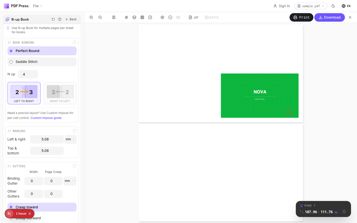 pdfpress.app N-up Book tool showing 2-up signature layout on A3 sheet