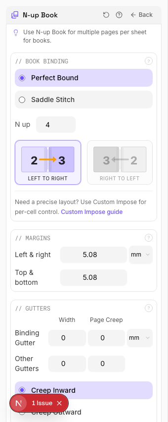 N-Up Book tool options panel showing signature, duplex, and creep settings