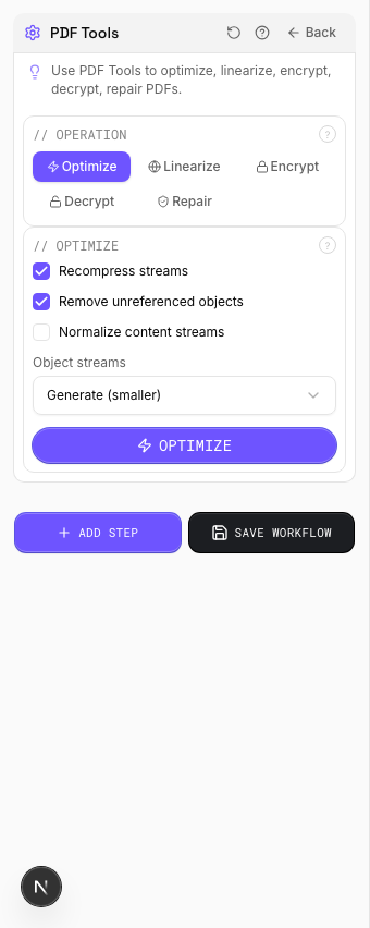 PDF Optimizer options panel showing recompress streams, remove unreferenced objects, and normalize content checkboxes