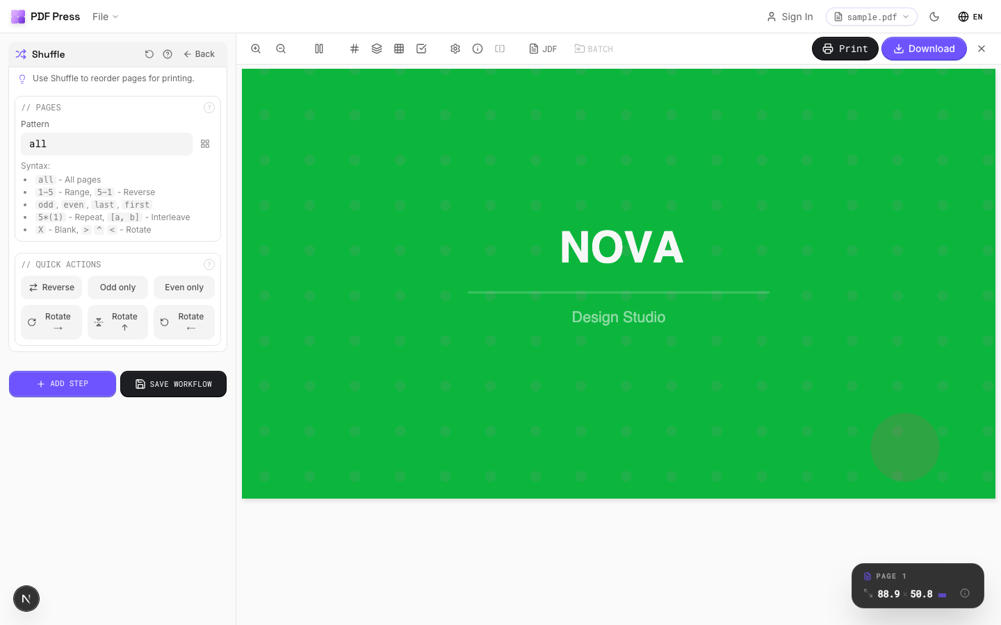 PDF Press cut-and-stack ordering in a browser with a live preview