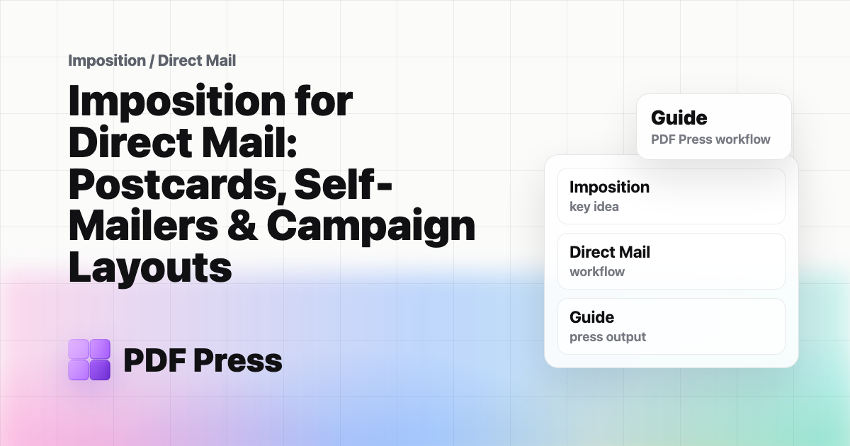 Imposition for Direct Mail: Postcards, Self-Mailers & Campaign Layouts — Learn how to impose direct mail pieces including postcards, self-mailers, and… (PDF Press guide cover illustration)