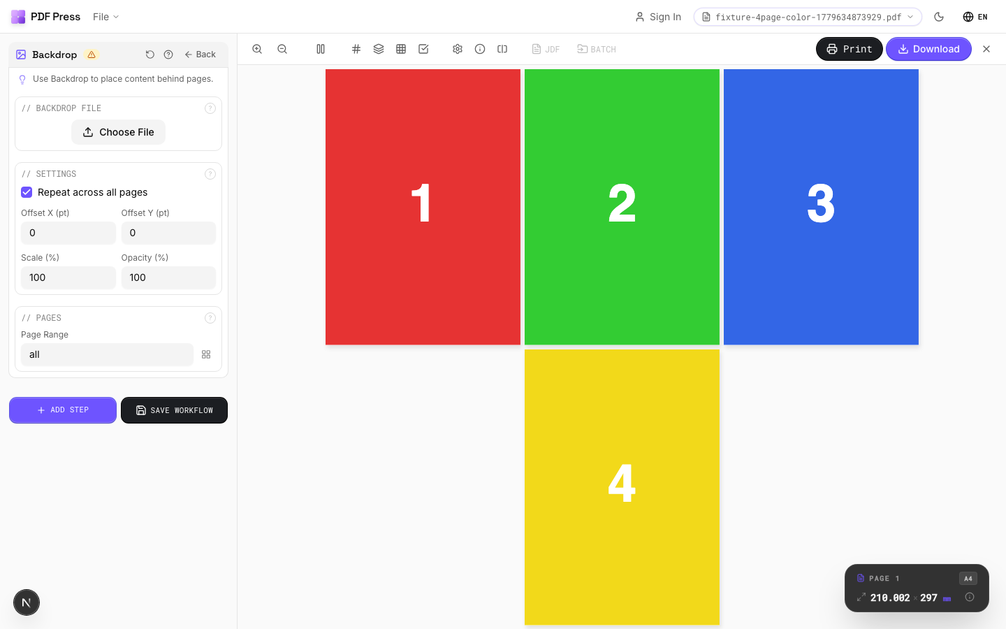 Backdrop — full app view showing options and imposed result