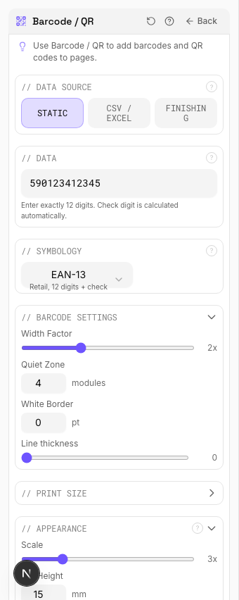 EAN-13 Product Barcode — settings