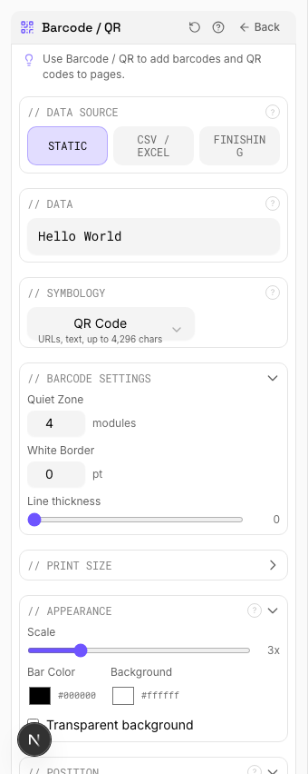 QR Code Mode — settings