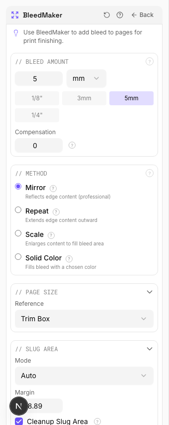 5mm Bleed (Mirror Method) — settings