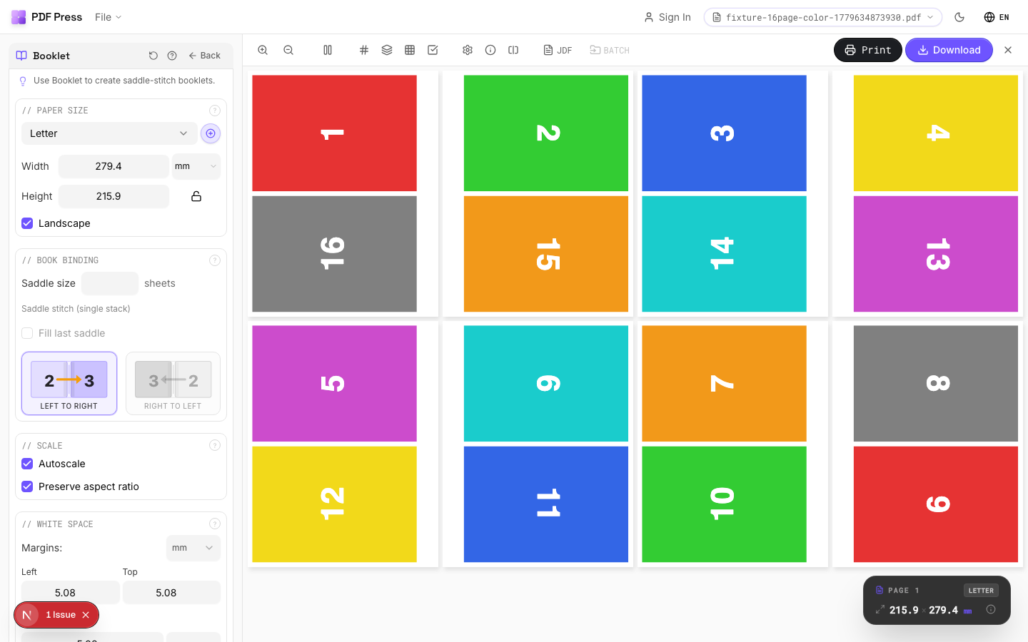 Booklet — full app view showing options and imposed result