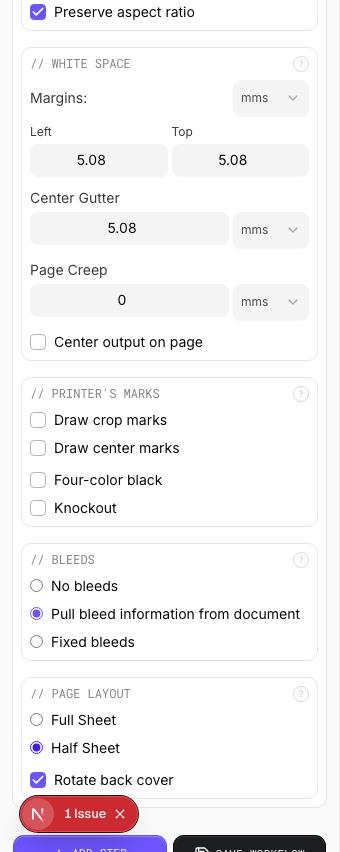 Half Sheet Layout — settings