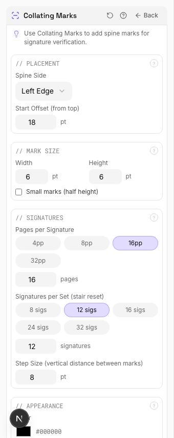Collating Marks Applied — settings