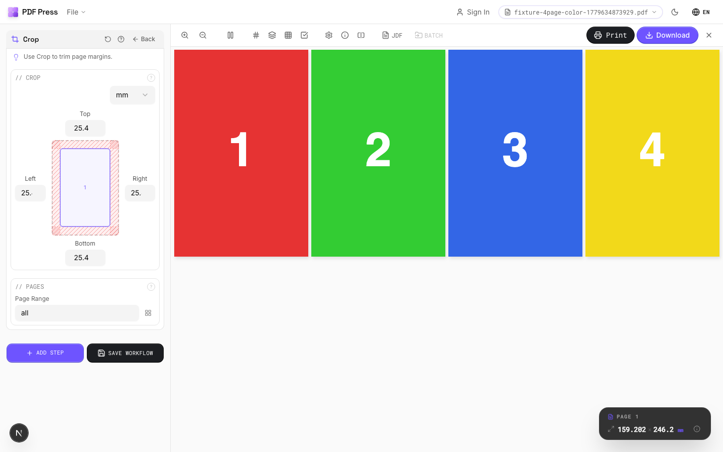 Crop — full app view showing options and imposed result