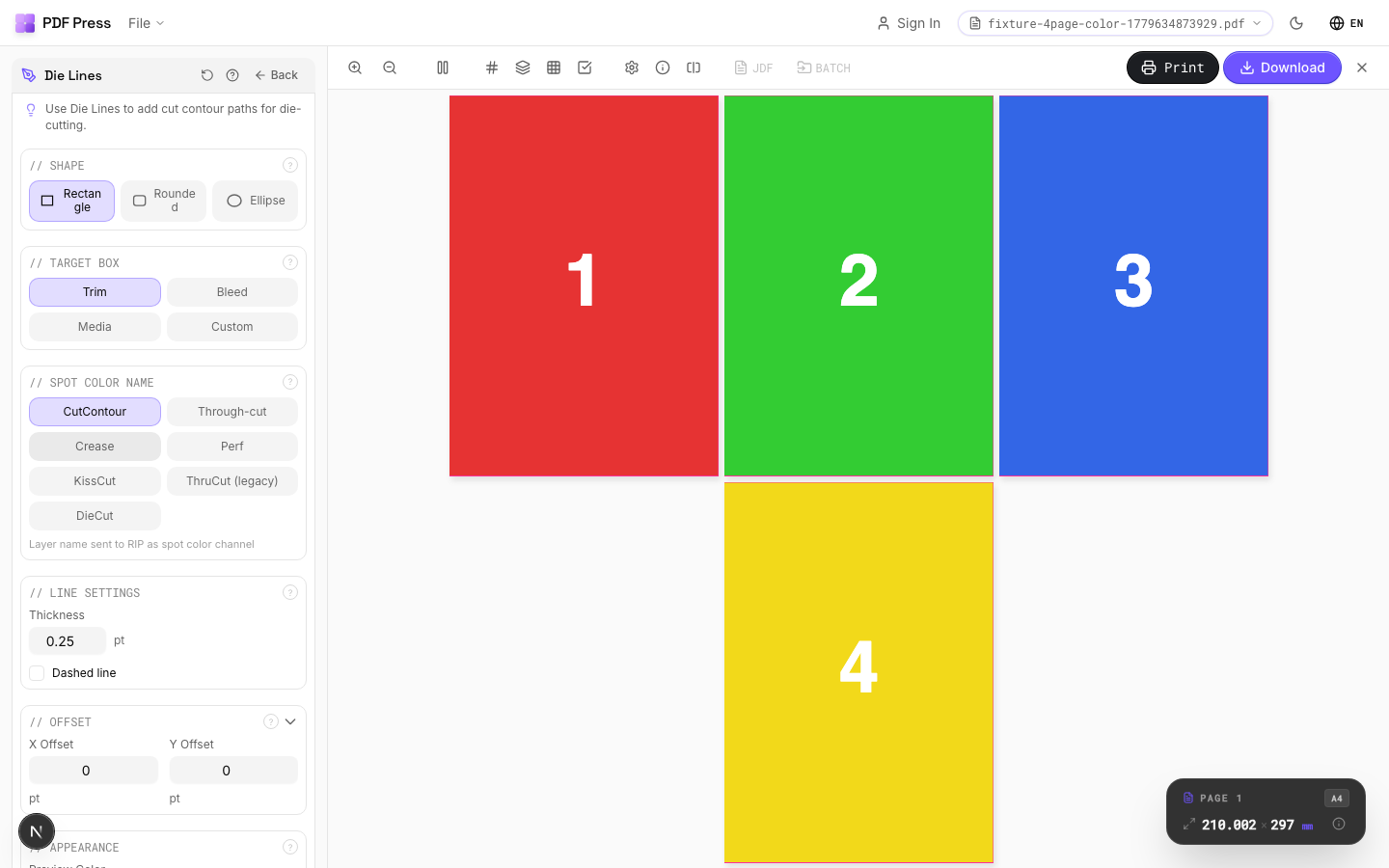 Die Lines — full app view showing options and imposed result
