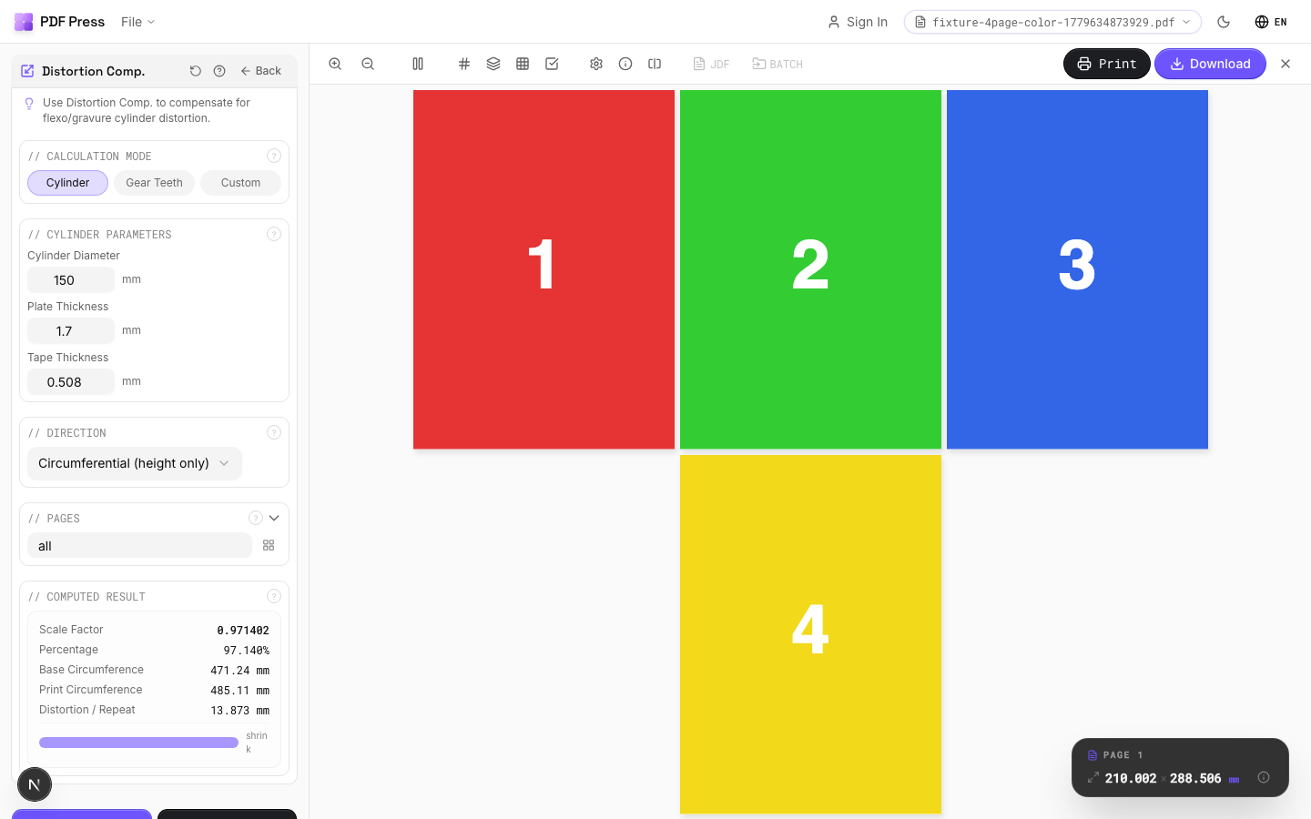 Distortion Comp. — full app view showing options and imposed result