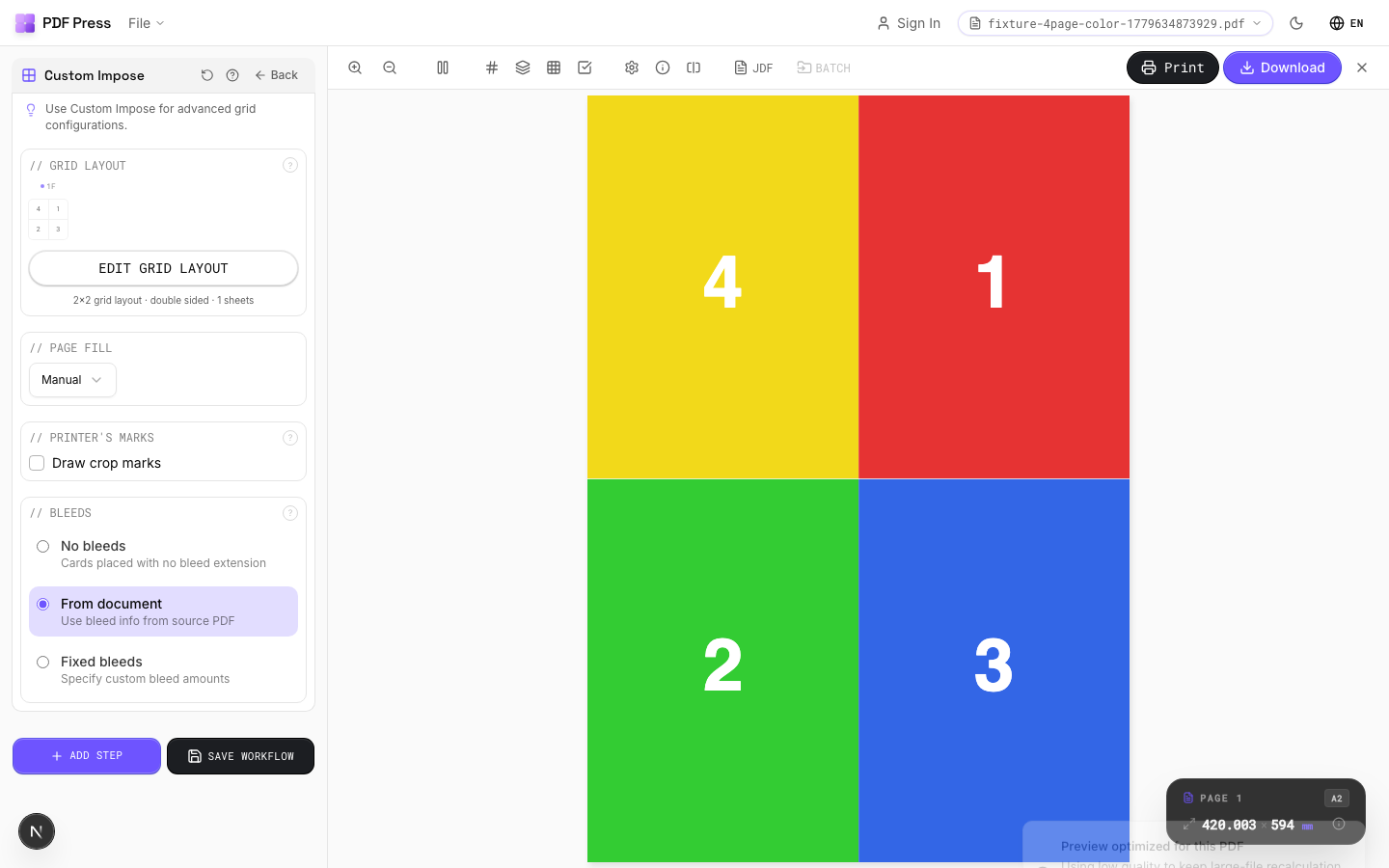 Custom Impose — full app view showing options and imposed result