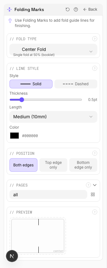 Fold Marks Applied — settings