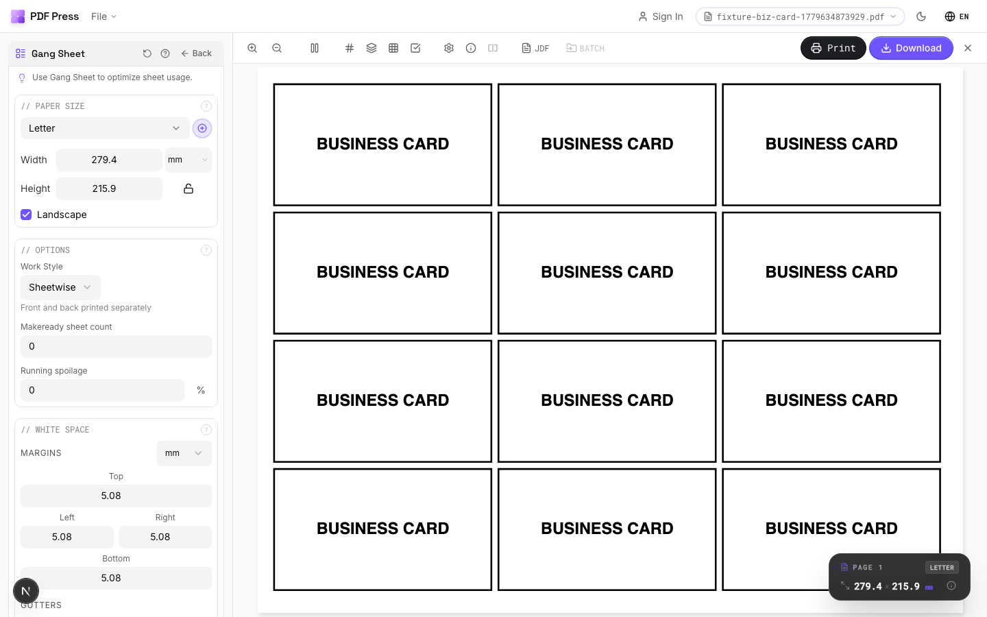 Gang Sheet — full app view showing options and imposed result