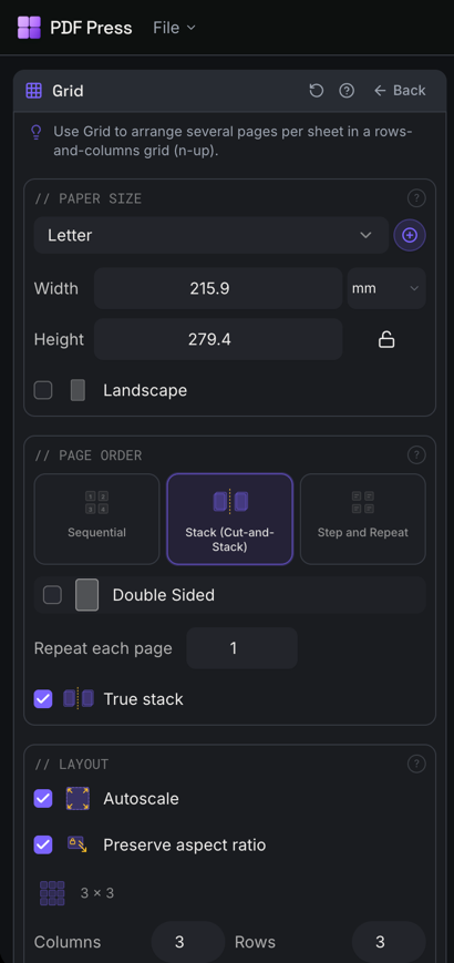 Cut-and-Stack Order — settings