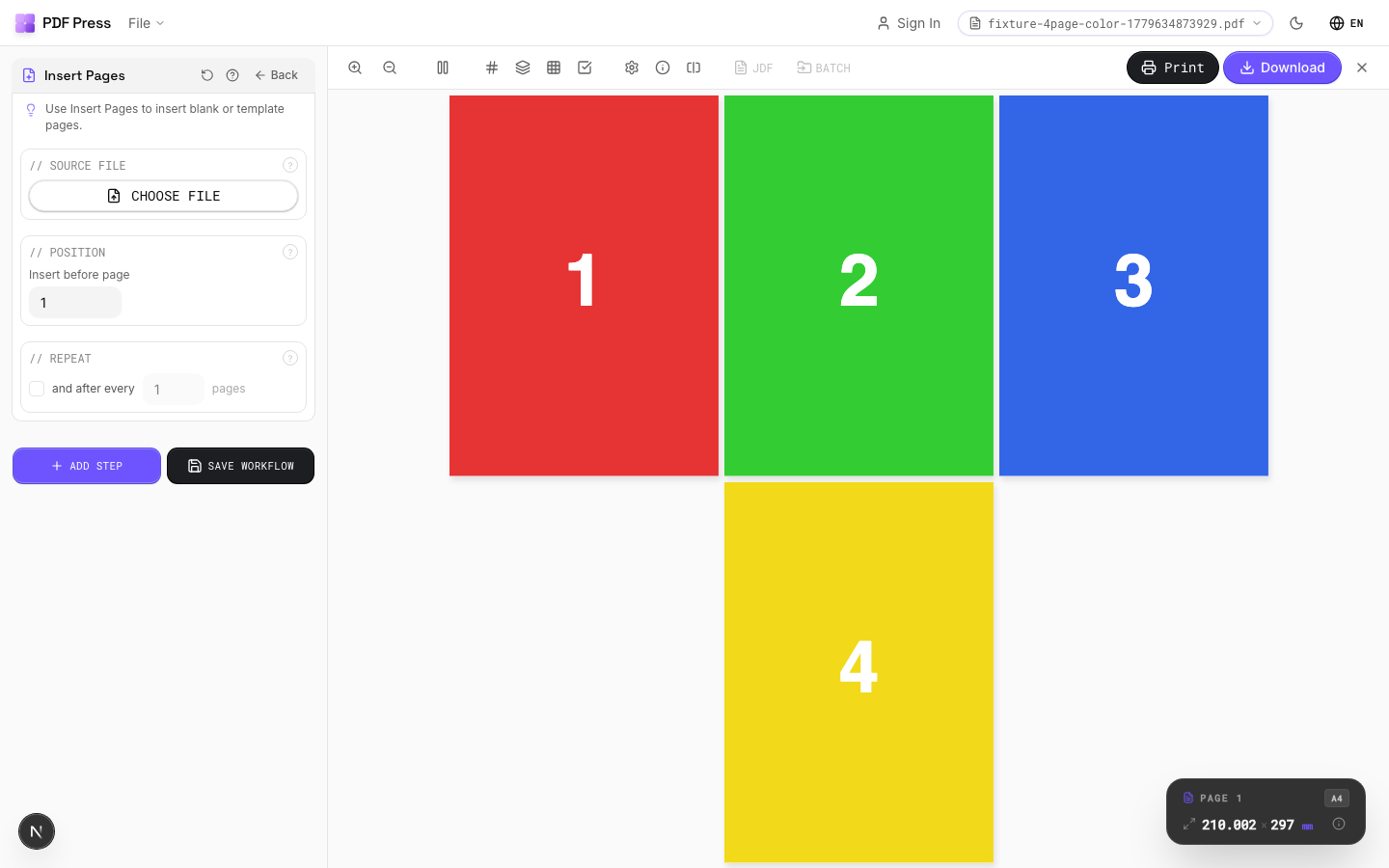 Insert Pages — full app view showing options and imposed result