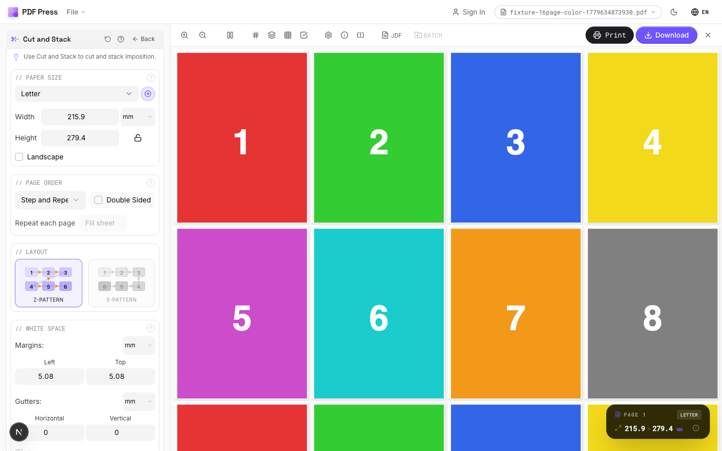Cut and Stack — full app view showing options and imposed result