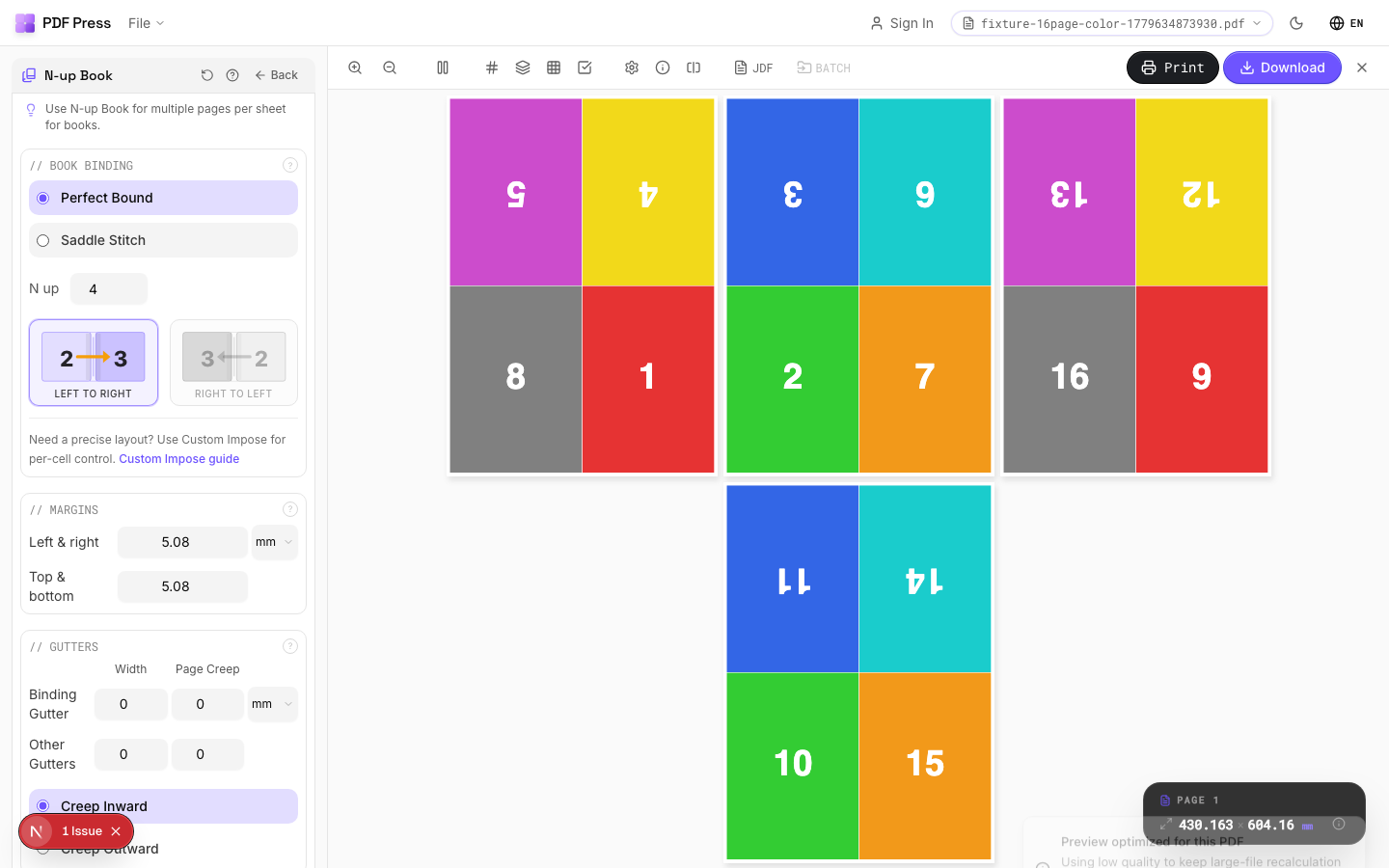 N-up Book — full app view showing options and imposed result