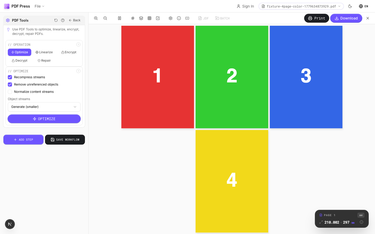 PDF Tools — full app view showing options and imposed result