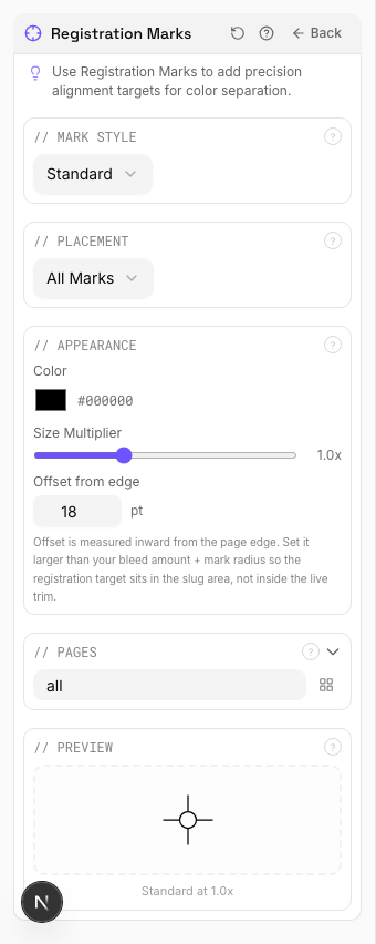 Registration Marks Applied — settings