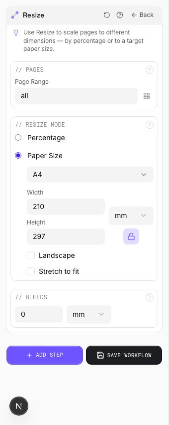Resize to A4 Paper — settings
