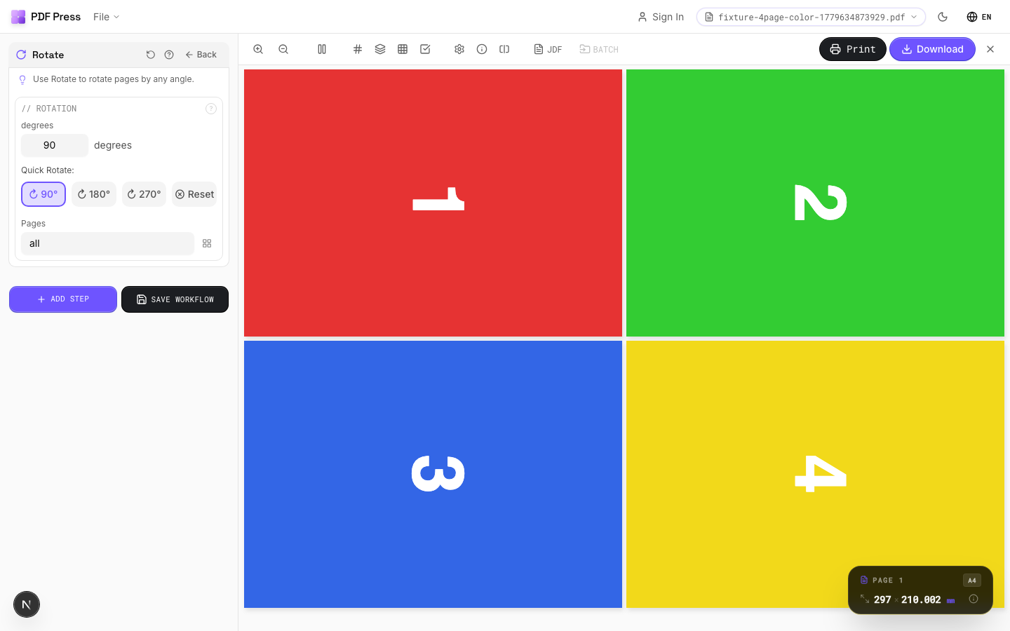 Rotate — full app view showing options and imposed result