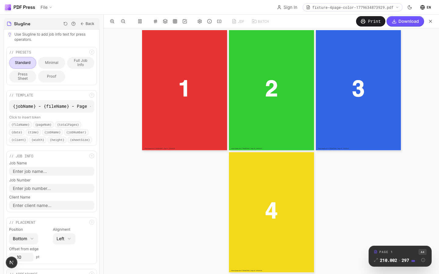 Slugline — full app view showing options and imposed result