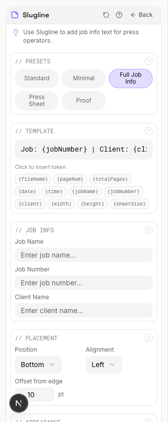 Full Job Info Slugline — settings