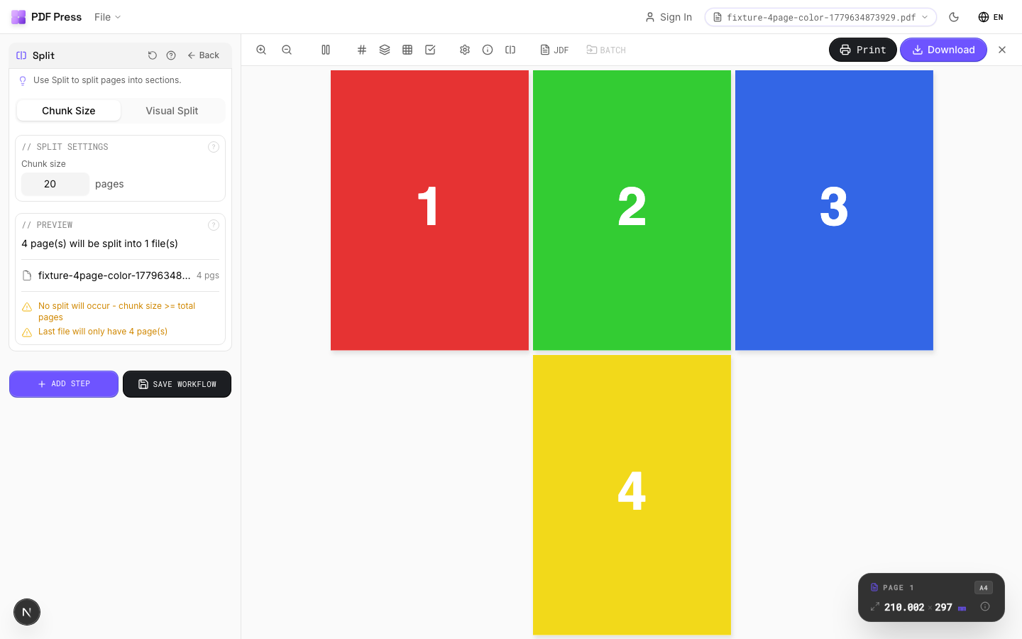 Split — full app view showing options and imposed result