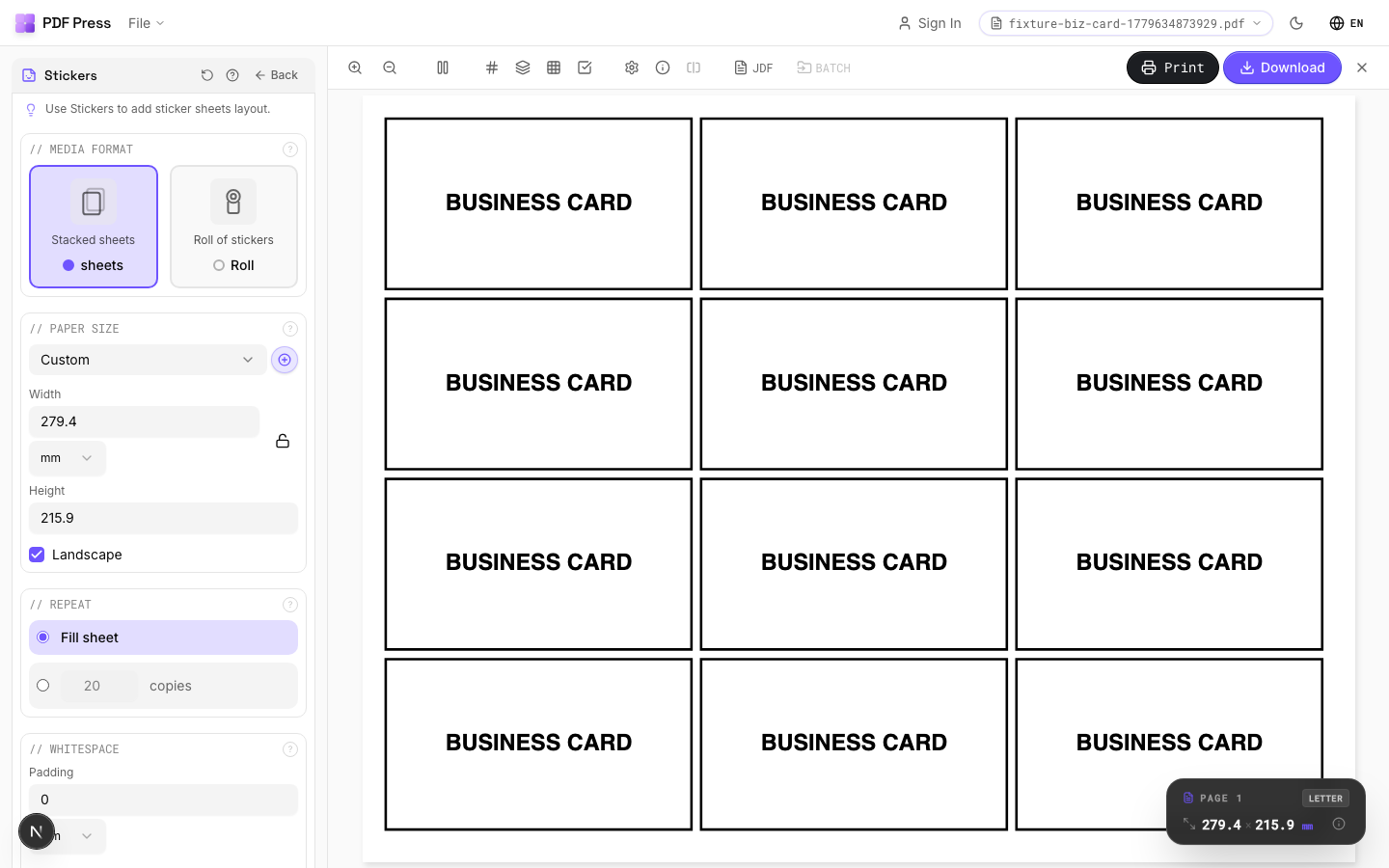 Stickers — full app view showing options and imposed result