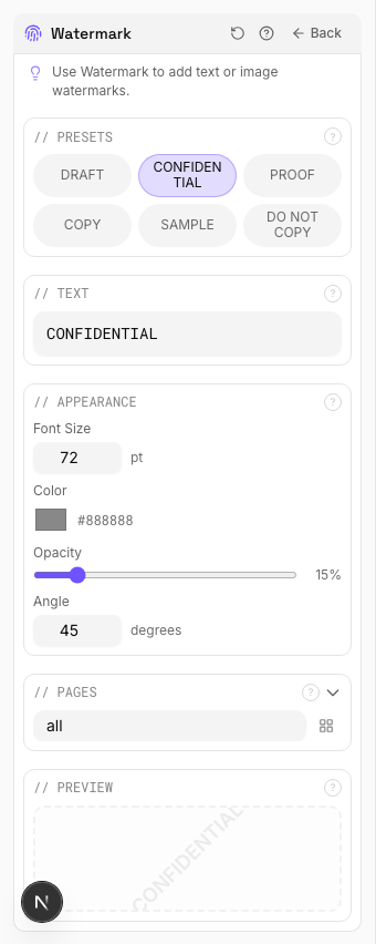 CONFIDENTIAL Watermark — settings