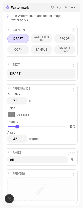 DRAFT Watermark — settings